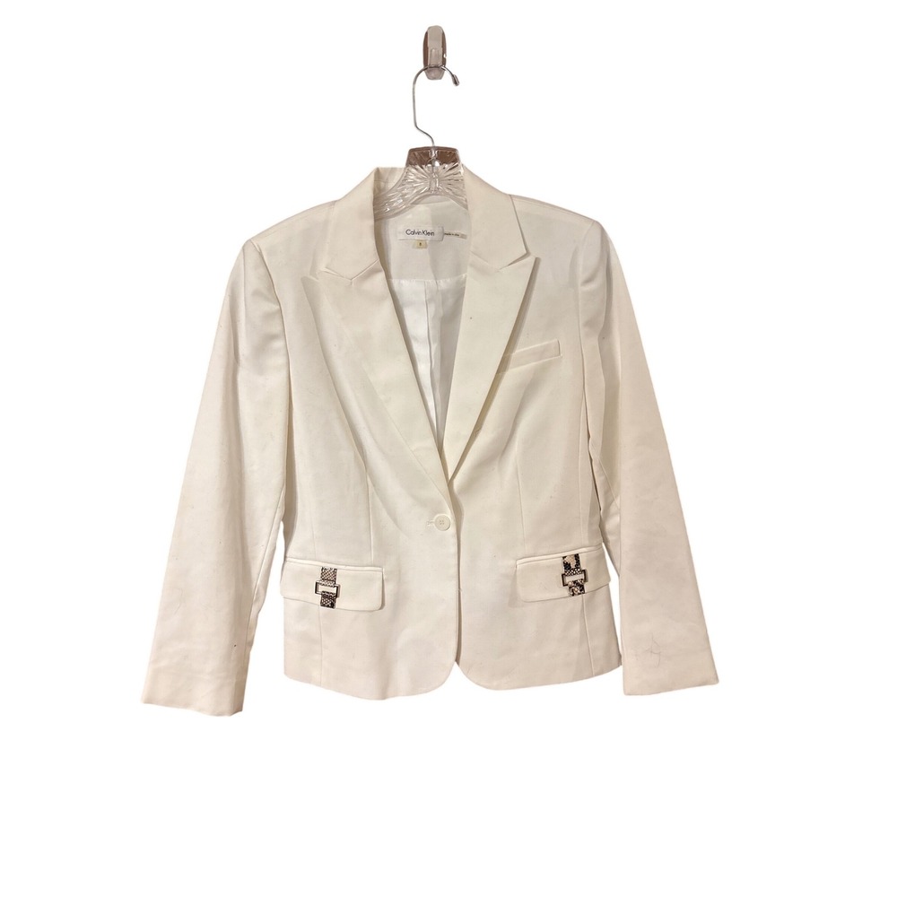 Calvin Klein Womens White Single Button Blazer Snake Print Trim Size 8